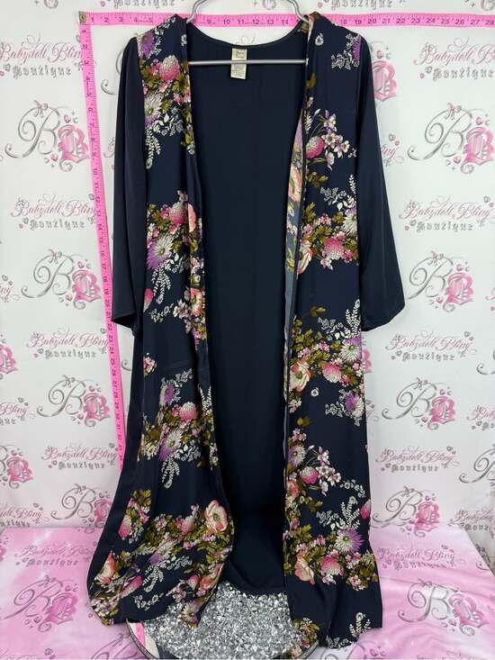 Japna Sweaters - Japna Navy Floral Kimono Cardigan with Pink and Green Blooms